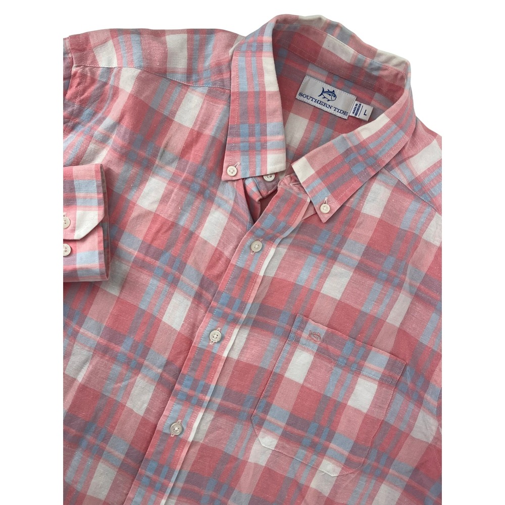Southern Tide Mens Large Pink Blue Plaid Button Down Shirt Lyocell Hemp RN123934